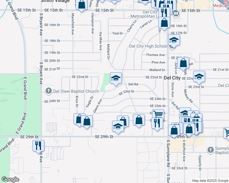 map of restaurants, bars, coffee shops, grocery stores, and more near 3724 Del Rd in Del City
