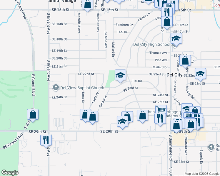map of restaurants, bars, coffee shops, grocery stores, and more near 3698 Del Road in Del City