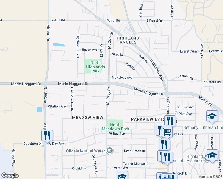 map of restaurants, bars, coffee shops, grocery stores, and more near 3731 Meadow Run Lane in Bakersfield