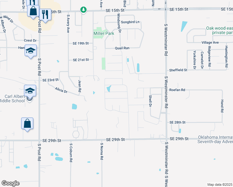 map of restaurants, bars, coffee shops, grocery stores, and more near 10412 Southeast 25th Street in Midwest City