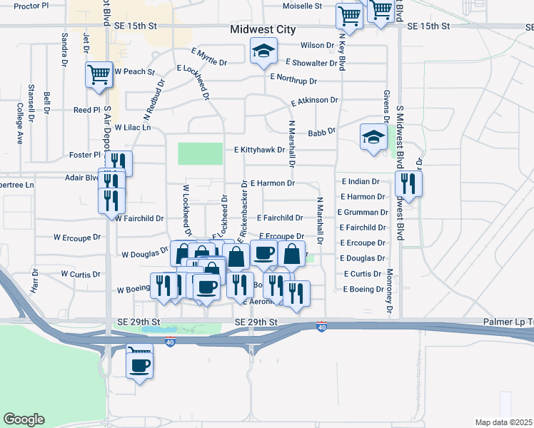 map of restaurants, bars, coffee shops, grocery stores, and more near 301 East Fairchild Drive in Midwest City