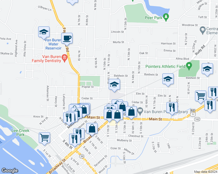 map of restaurants, bars, coffee shops, grocery stores, and more near 519 11th Street in Van Buren