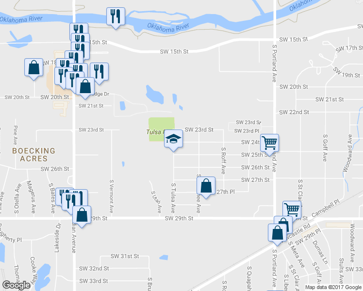 map of restaurants, bars, coffee shops, grocery stores, and more near 4032 Southwest 24th Street in Oklahoma City