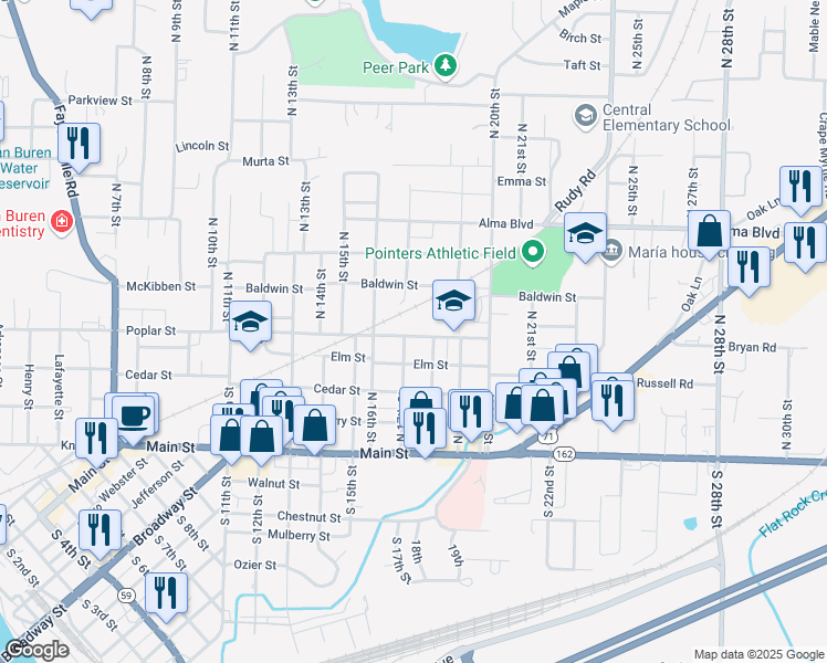 map of restaurants, bars, coffee shops, grocery stores, and more near 1705 Poplar Street in Van Buren