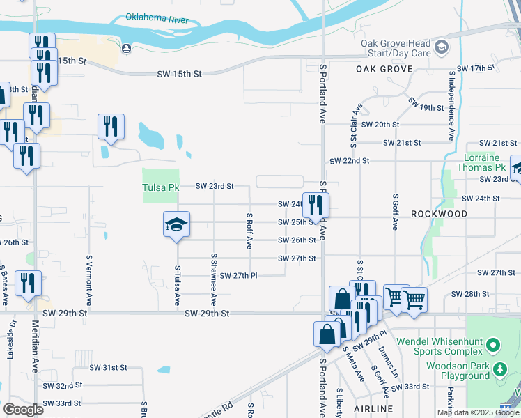 map of restaurants, bars, coffee shops, grocery stores, and more near 3828 Southwest 24th Street in Oklahoma City