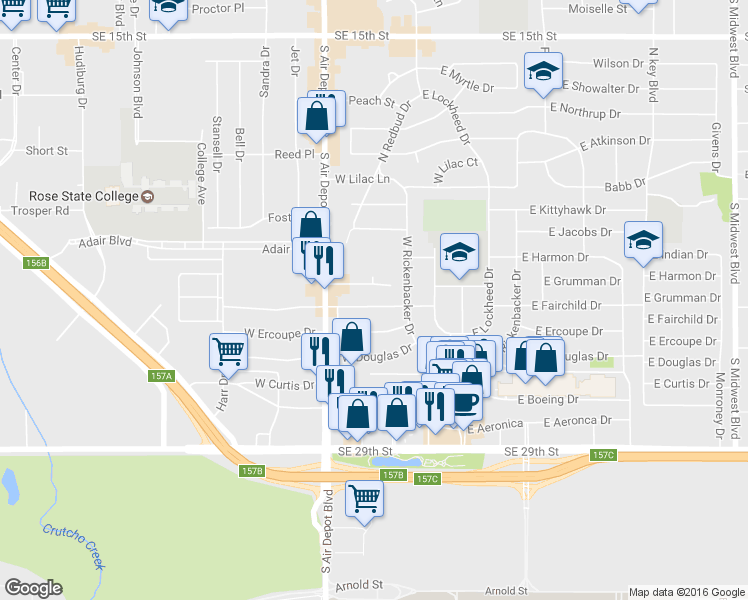 map of restaurants, bars, coffee shops, grocery stores, and more near 213 West Fairchild Drive in Midwest City