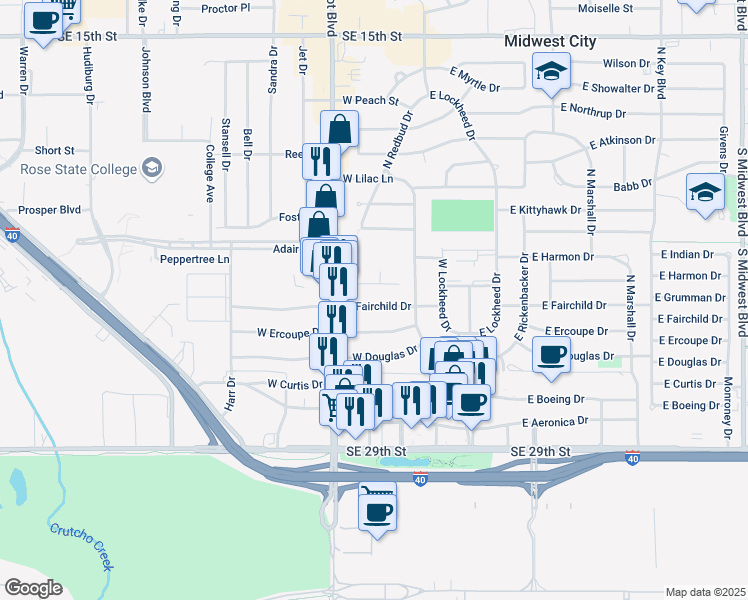 map of restaurants, bars, coffee shops, grocery stores, and more near 213 West Fairchild Drive in Midwest City