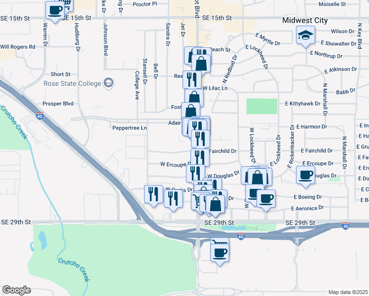 map of restaurants, bars, coffee shops, grocery stores, and more near 407 West Fairchild Drive in Midwest City