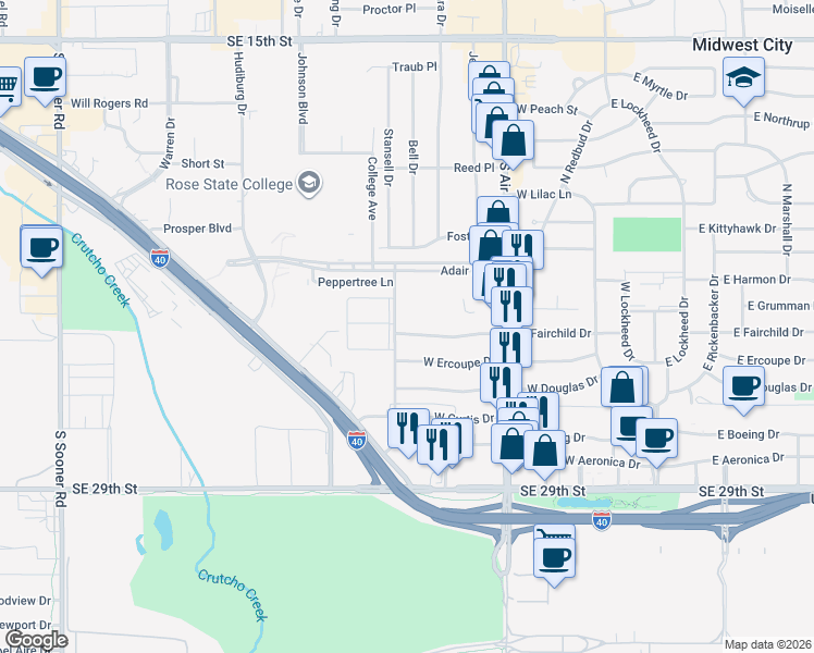 map of restaurants, bars, coffee shops, grocery stores, and more near 435 West Fairchild Drive in Midwest City