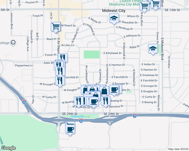 map of restaurants, bars, coffee shops, grocery stores, and more near 505 East Lockheed Drive in Midwest City