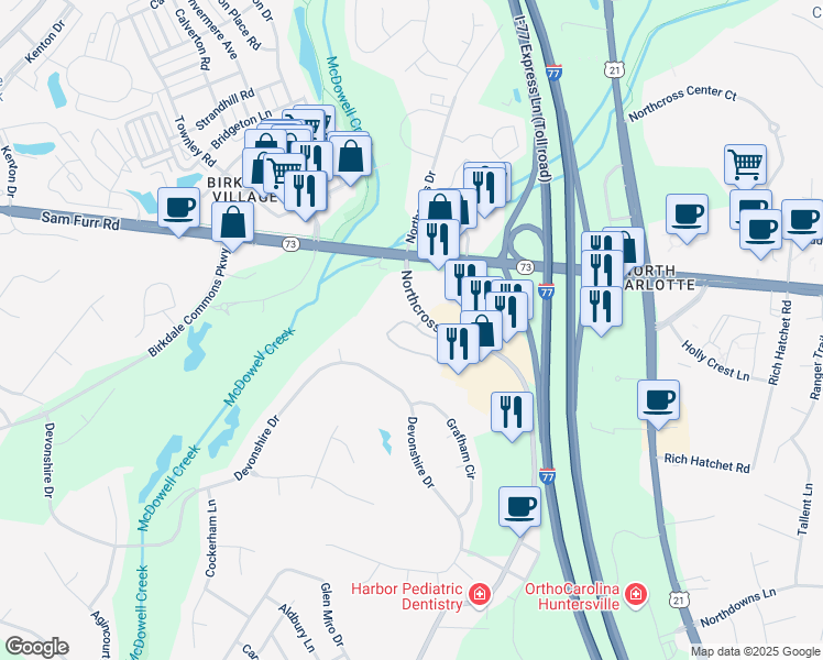 map of restaurants, bars, coffee shops, grocery stores, and more near 8618 Pinnacle Cross Drive in Huntersville