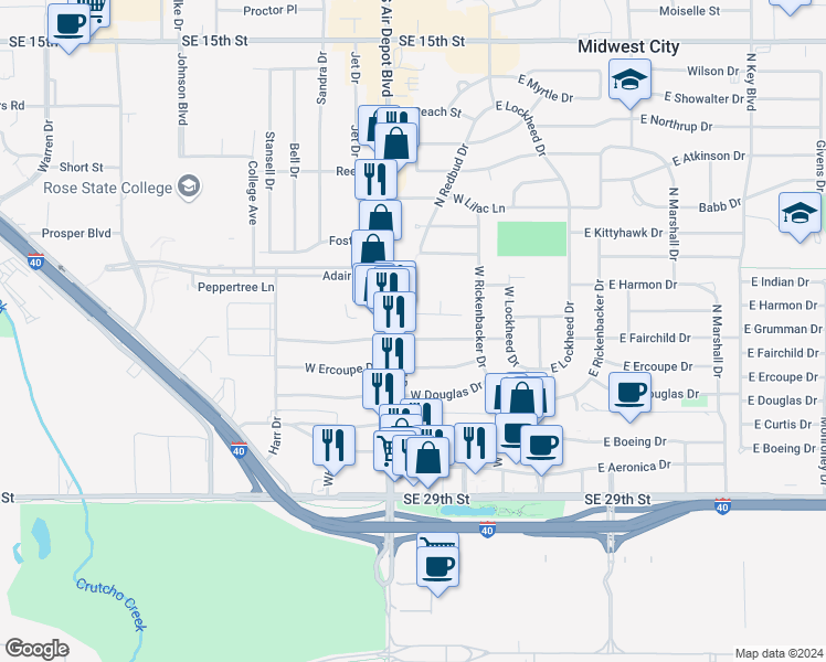 map of restaurants, bars, coffee shops, grocery stores, and more near 231 West Fairchild Drive in Midwest City