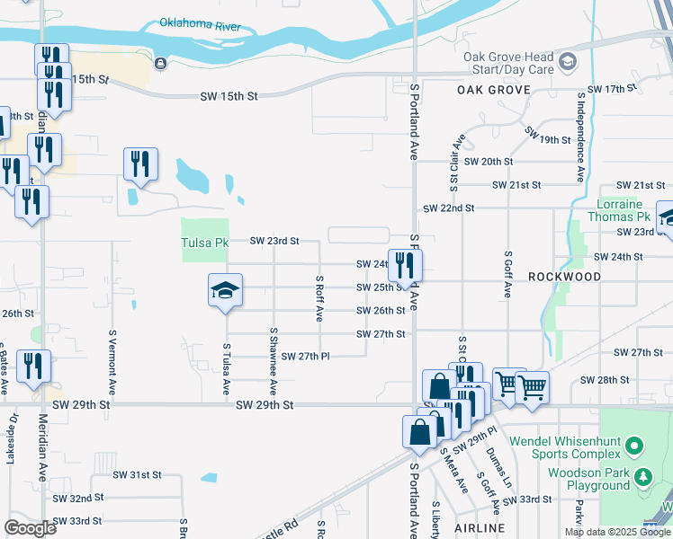 map of restaurants, bars, coffee shops, grocery stores, and more near 3828 Southwest 24th Street in Oklahoma City