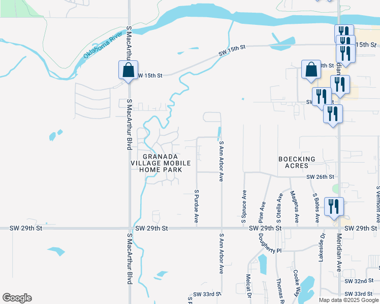 map of restaurants, bars, coffee shops, grocery stores, and more near 2413 South Purdue Avenue in Oklahoma City