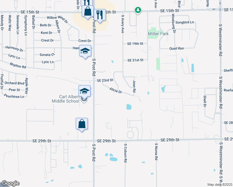 map of restaurants, bars, coffee shops, grocery stores, and more near 10200 Alicia Drive in Midwest City