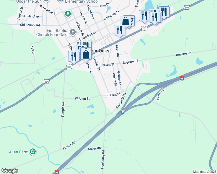 map of restaurants, bars, coffee shops, grocery stores, and more near 319 South Baker Street in Four Oaks