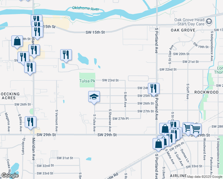 map of restaurants, bars, coffee shops, grocery stores, and more near 3944 Southwest 24th Street in Oklahoma City