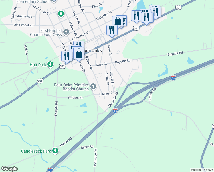 map of restaurants, bars, coffee shops, grocery stores, and more near 218 Austin Street in Four Oaks