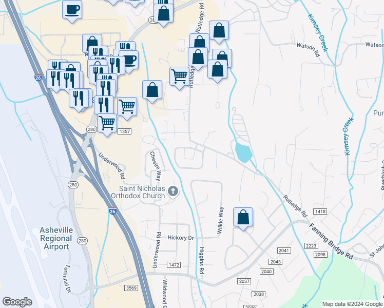 map of restaurants, bars, coffee shops, grocery stores, and more near 32 Stafford Court in Fletcher