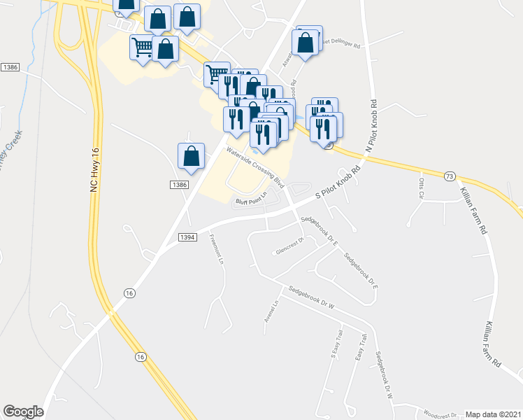 map of restaurants, bars, coffee shops, grocery stores, and more near 7509 Bluff Point Lane in Denver
