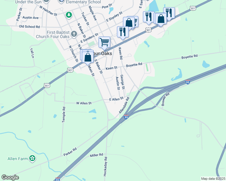 map of restaurants, bars, coffee shops, grocery stores, and more near 319 South Baker Street in Four Oaks