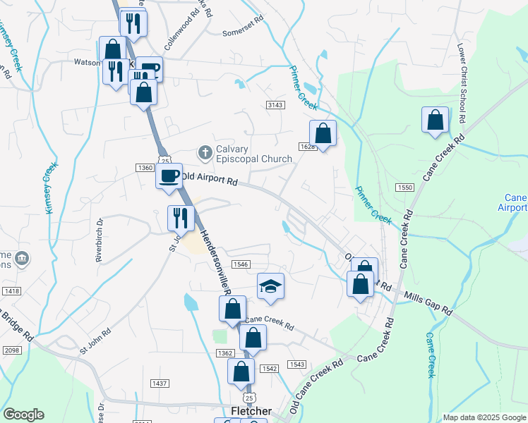 map of restaurants, bars, coffee shops, grocery stores, and more near 86 County Road 1547 in Fletcher