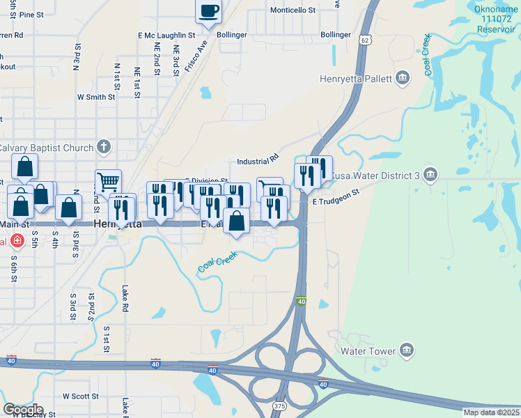 map of restaurants, bars, coffee shops, grocery stores, and more near 705 East Trudgeon Street in Henryetta