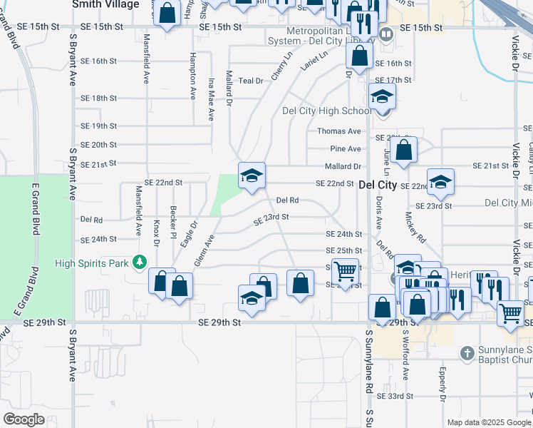 map of restaurants, bars, coffee shops, grocery stores, and more near 3825 Southeast 23rd Street in Del City
