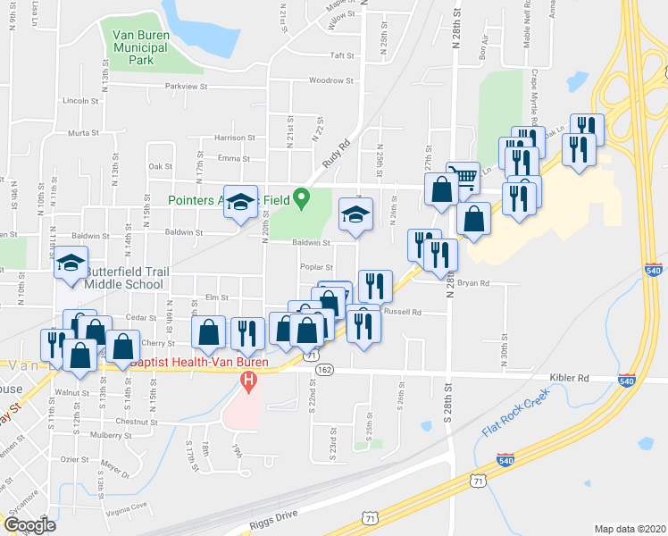 map of restaurants, bars, coffee shops, grocery stores, and more near Poplar Street in Van Buren