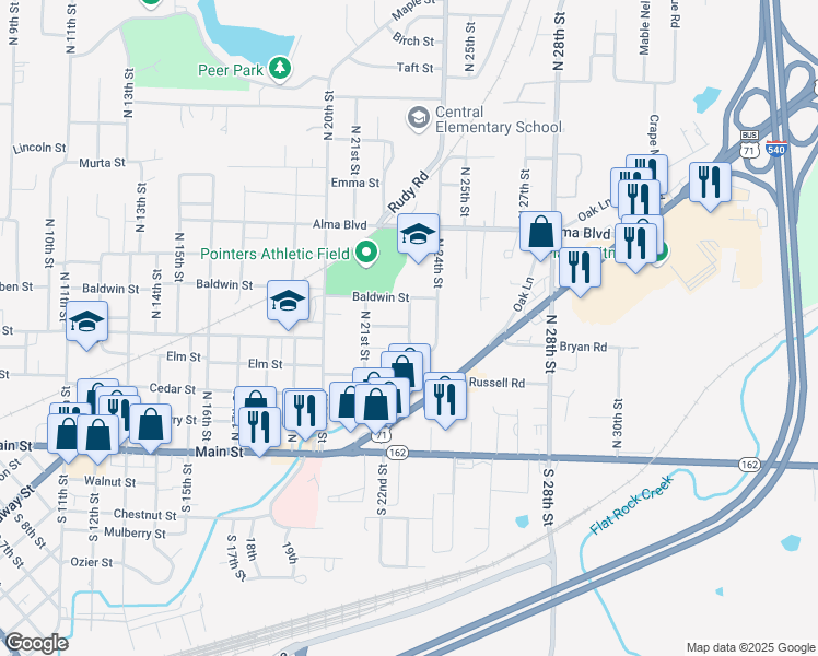 map of restaurants, bars, coffee shops, grocery stores, and more near Poplar Street in Van Buren