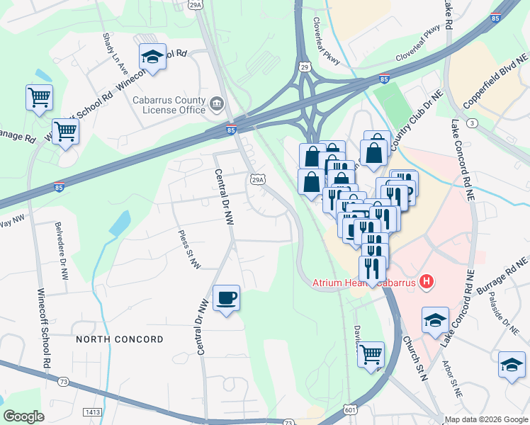 map of restaurants, bars, coffee shops, grocery stores, and more near 31 Willowbrook Drive Northwest in Concord