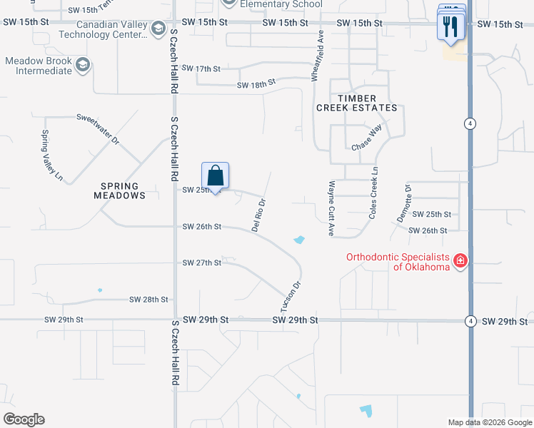 map of restaurants, bars, coffee shops, grocery stores, and more near 2604 Del Rio Drive in Yukon
