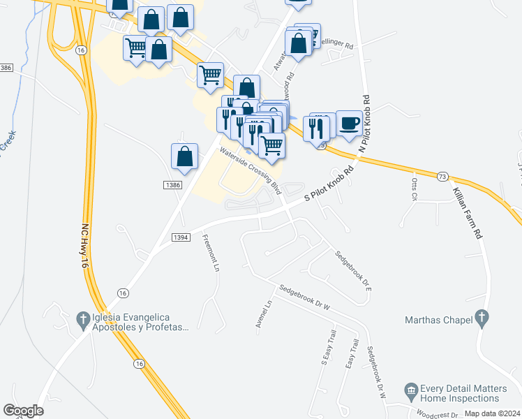 map of restaurants, bars, coffee shops, grocery stores, and more near 7503 Bluff Point Lane in Denver