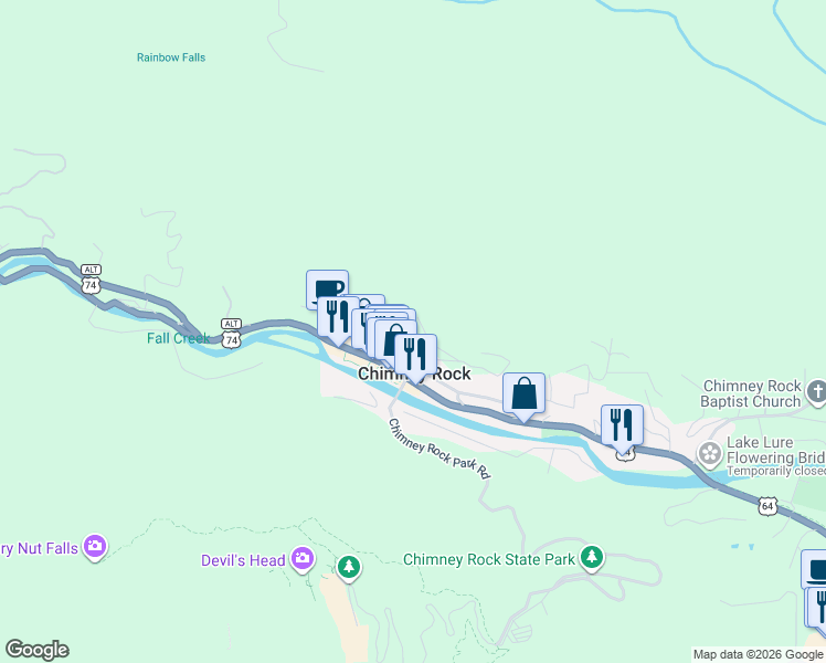 map of restaurants, bars, coffee shops, grocery stores, and more near 175 Ambler Lane in Lake Lure