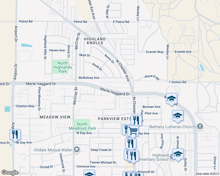 map of restaurants, bars, coffee shops, grocery stores, and more near 319 Woodlands Meadow Court in Bakersfield