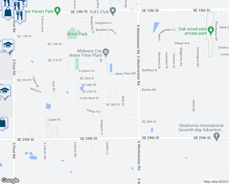 map of restaurants, bars, coffee shops, grocery stores, and more near 2323 Tortoise Drive in Midwest City