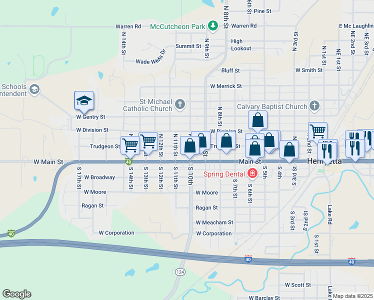 map of restaurants, bars, coffee shops, grocery stores, and more near 1005 West Trudgeon Street in Henryetta