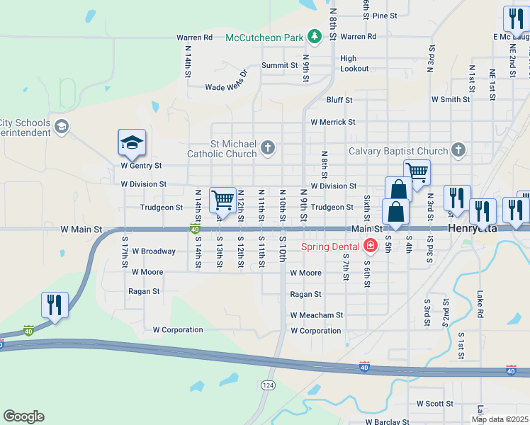 map of restaurants, bars, coffee shops, grocery stores, and more near 1005 West Trudgeon Street in Henryetta