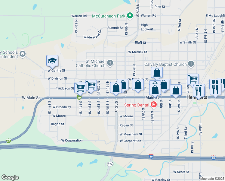 map of restaurants, bars, coffee shops, grocery stores, and more near 1005 West Trudgeon Street in Henryetta