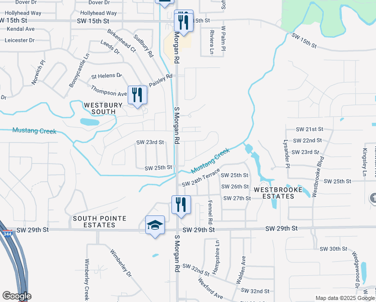 map of restaurants, bars, coffee shops, grocery stores, and more near 2598 South Morgan Road in Oklahoma City
