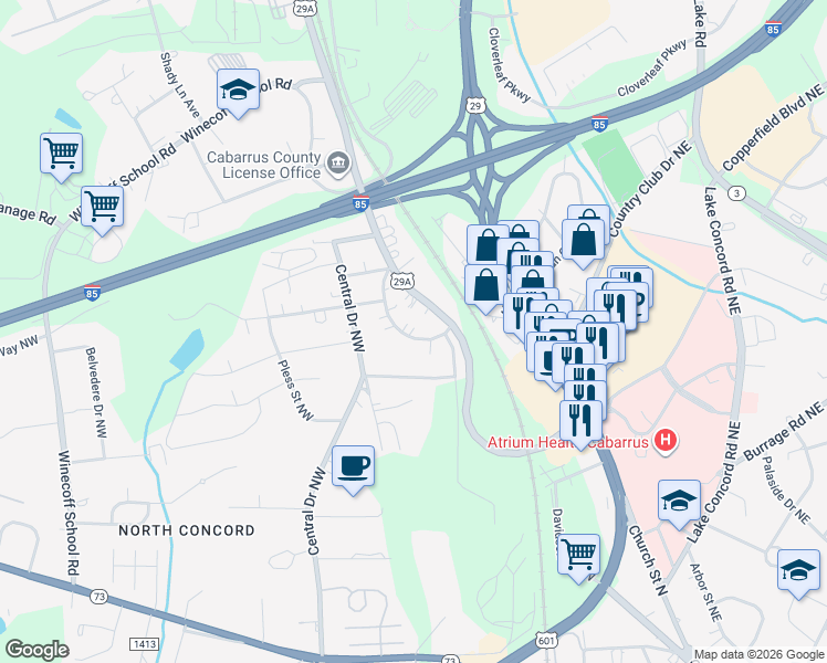 map of restaurants, bars, coffee shops, grocery stores, and more near 31 Willowbrook Drive Northwest in Concord
