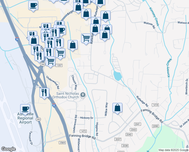map of restaurants, bars, coffee shops, grocery stores, and more near 179 Rutledge Road in Fletcher