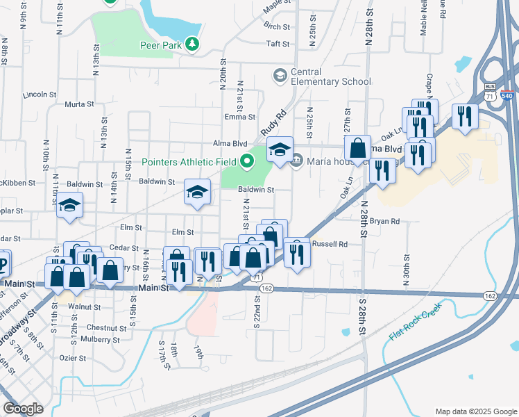 map of restaurants, bars, coffee shops, grocery stores, and more near 2118 Poplar Street in Van Buren