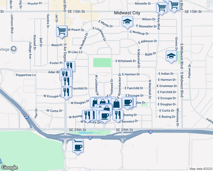 map of restaurants, bars, coffee shops, grocery stores, and more near 505 East Lockheed Drive in Midwest City
