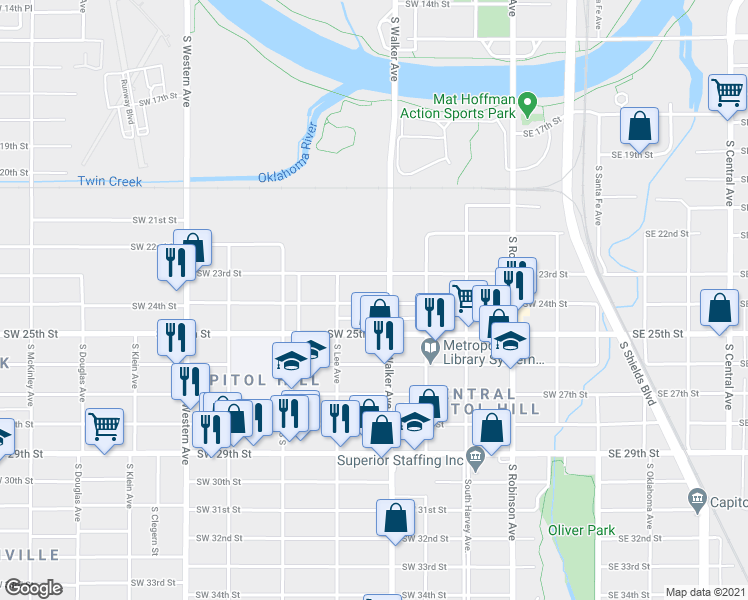 map of restaurants, bars, coffee shops, grocery stores, and more near 521 Southwest 24th Street in Oklahoma City