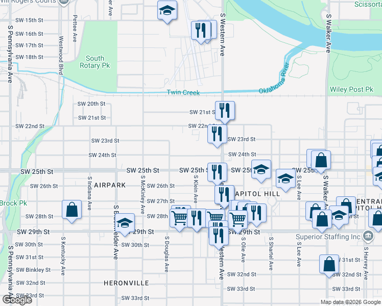 map of restaurants, bars, coffee shops, grocery stores, and more near 1009 Southwest 24th Street in Oklahoma City