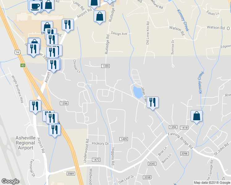 map of restaurants, bars, coffee shops, grocery stores, and more near 179 Rutledge Road in Fletcher