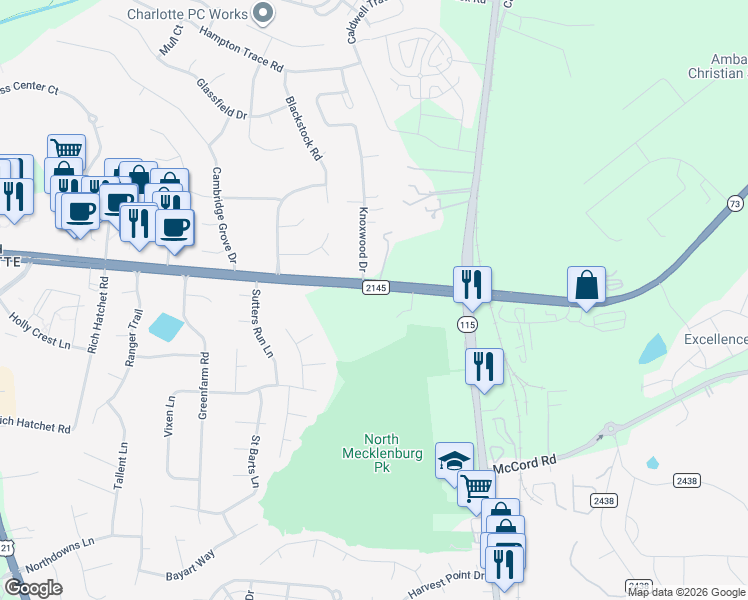 map of restaurants, bars, coffee shops, grocery stores, and more near 10600 State Road 2145 in Huntersville