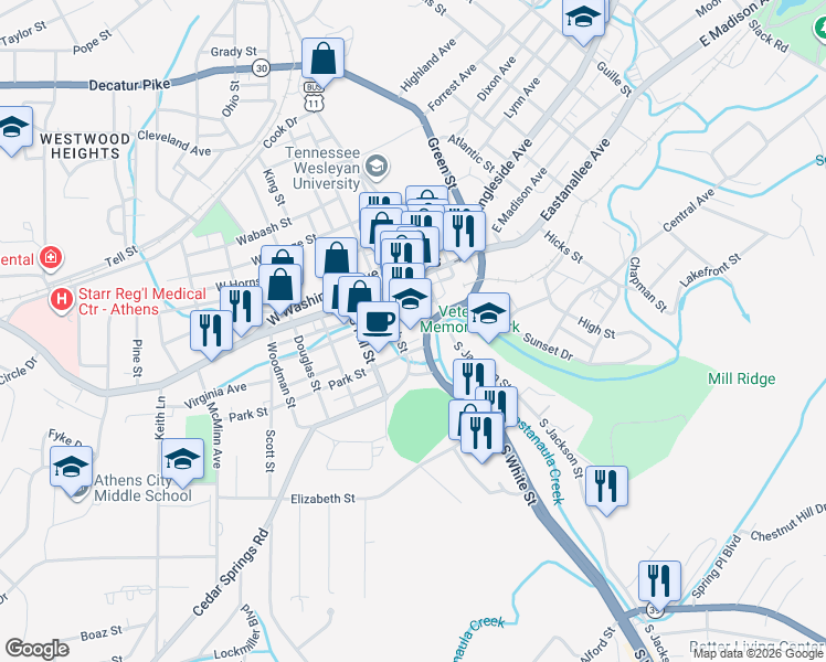 map of restaurants, bars, coffee shops, grocery stores, and more near 100 South White Street in Athens