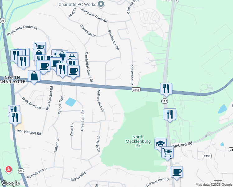 map of restaurants, bars, coffee shops, grocery stores, and more near 10400 Sam Furr Road in Huntersville